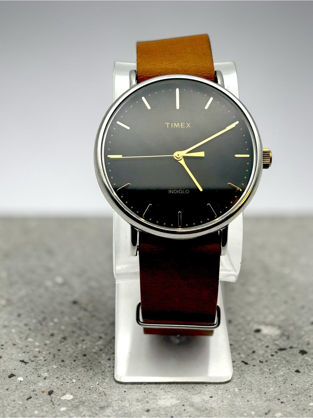 Timex Fairfield 41mm Indiglo Black Dial Gold Markers Tan Leather Slip Thru Runs
